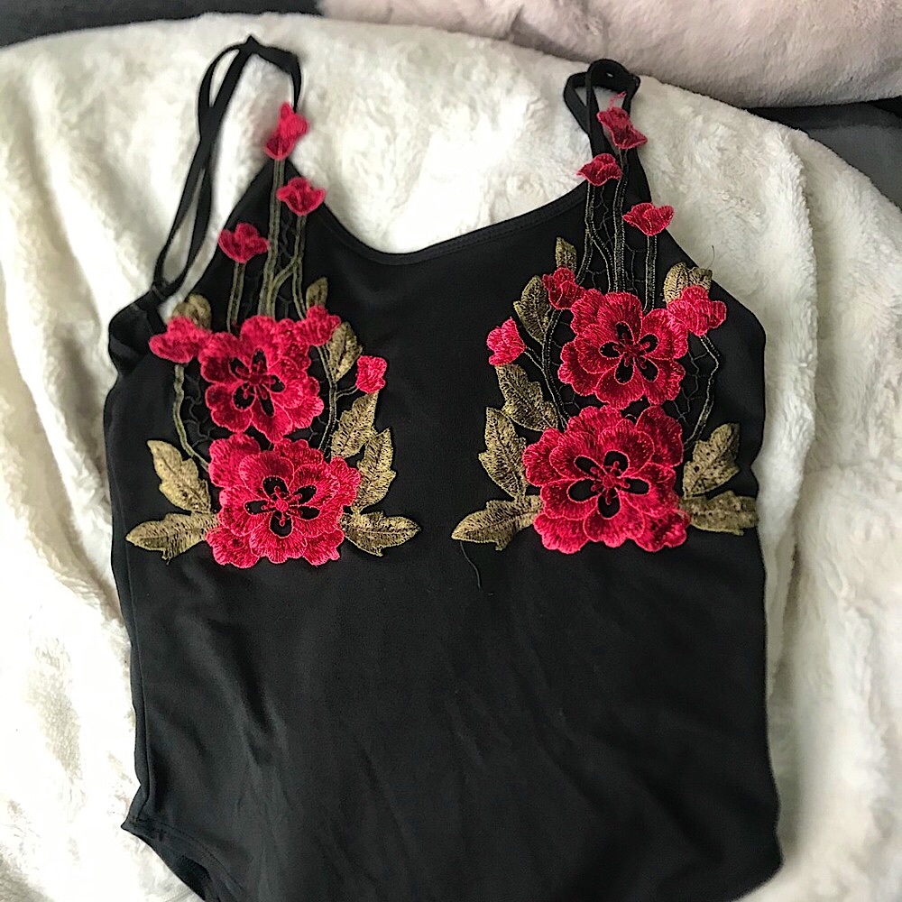 Black bodysuit with rose embroidery